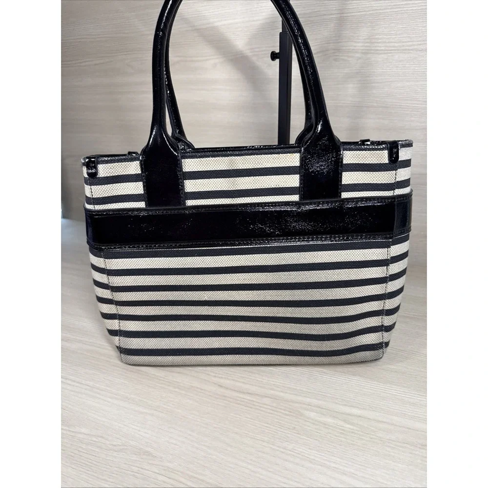 Kate‎ Spade Quinn Cream With Black Patent Leather Striped Purse, w/ Bow Tweed